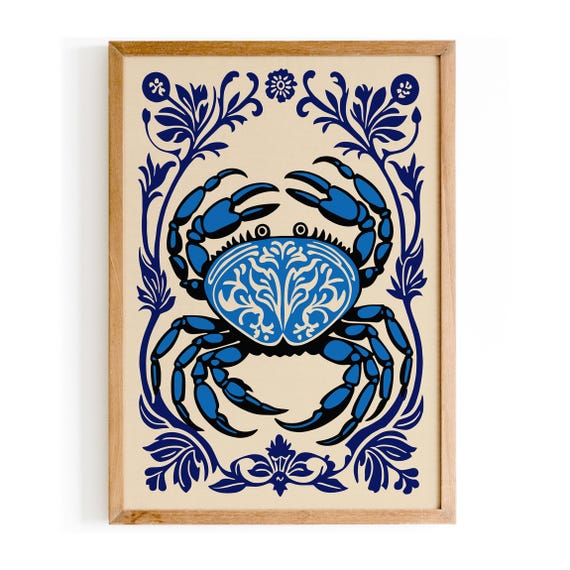 Blue Crab Art Print Nautical Coastal Wall Decor Seafood Illustration Nautical Home Decor Elegant Kitchen Wall Art Bathroom Wall Decor
