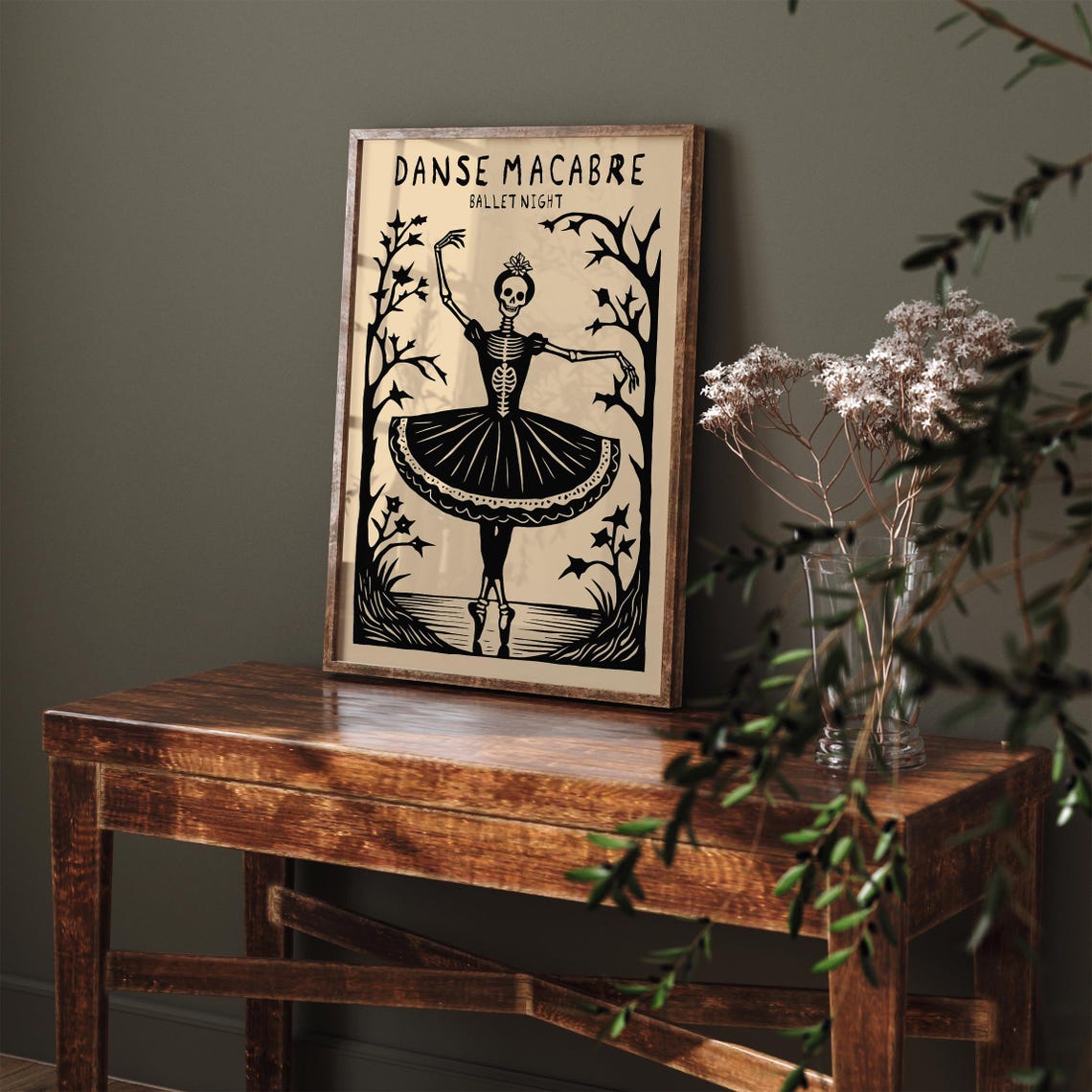 Spooky Danse Macabre Ballet Night Skeleton Ballerina Woodcut Poster - Image 4