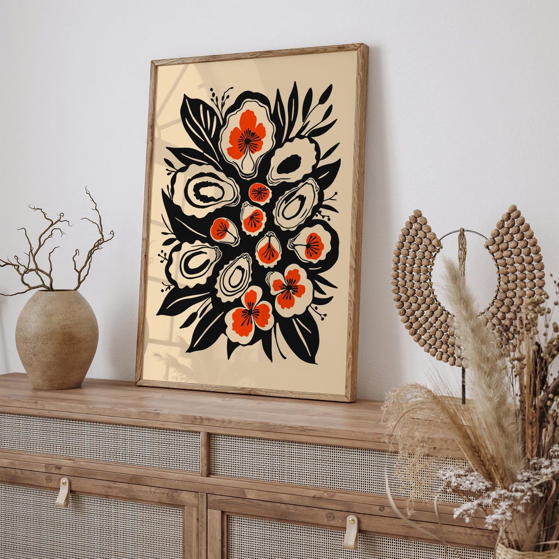 Black Ink Oysters with Orange Flowers Bold Coastal Kitchen Art Poster - Image 2