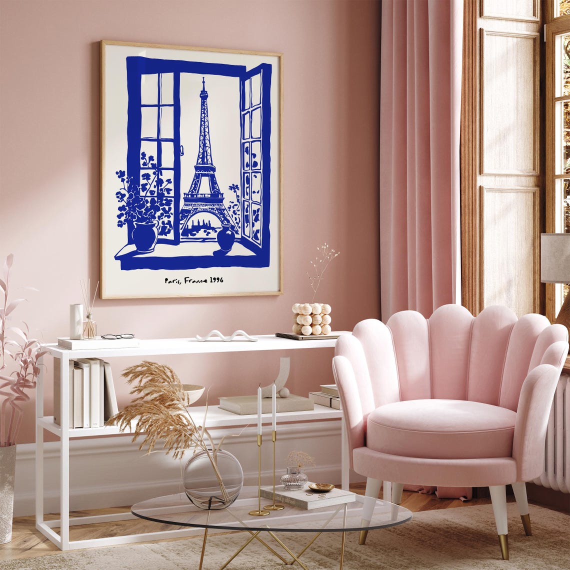 Paris France 1996 Blue Ink Eiffel Tower French Window View Poster - Image 4