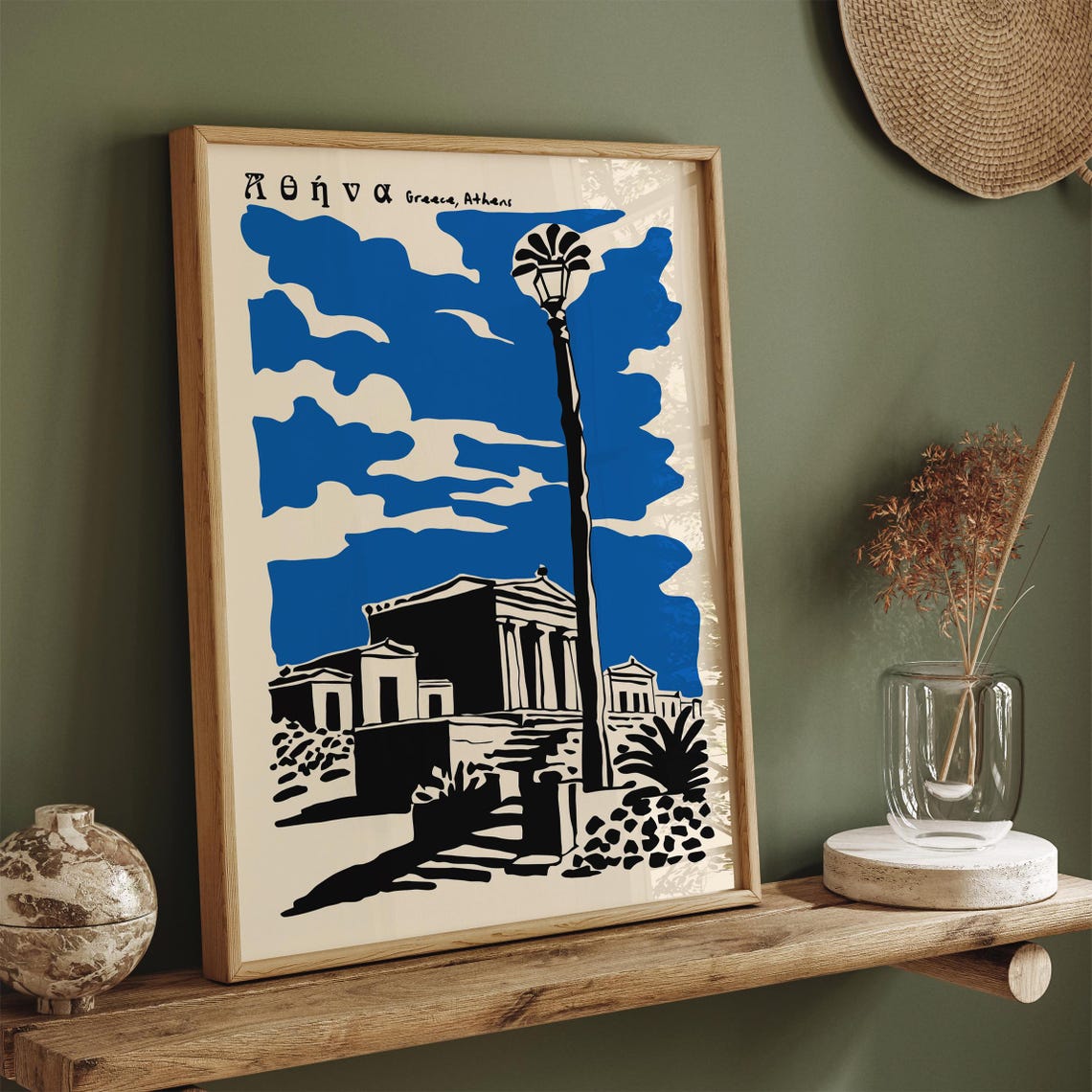 Athens Greece Acropolis Handdrawn Blue Sky Travel Art Poster - Image 2