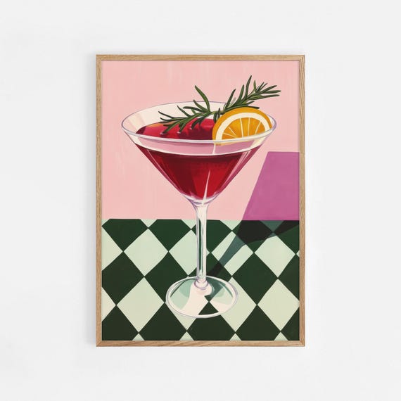 Print Cocktail Bar Cart Decor Christmas Dorm Alcohol Retro Wall Art Xmas Trendy Prints Funky Home 752