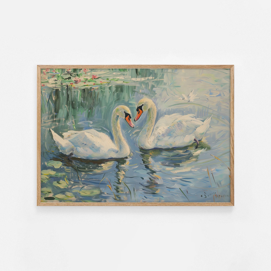 Two White Swans On Lily Pond Vintage Oil Painting Bird Poster - Image 4