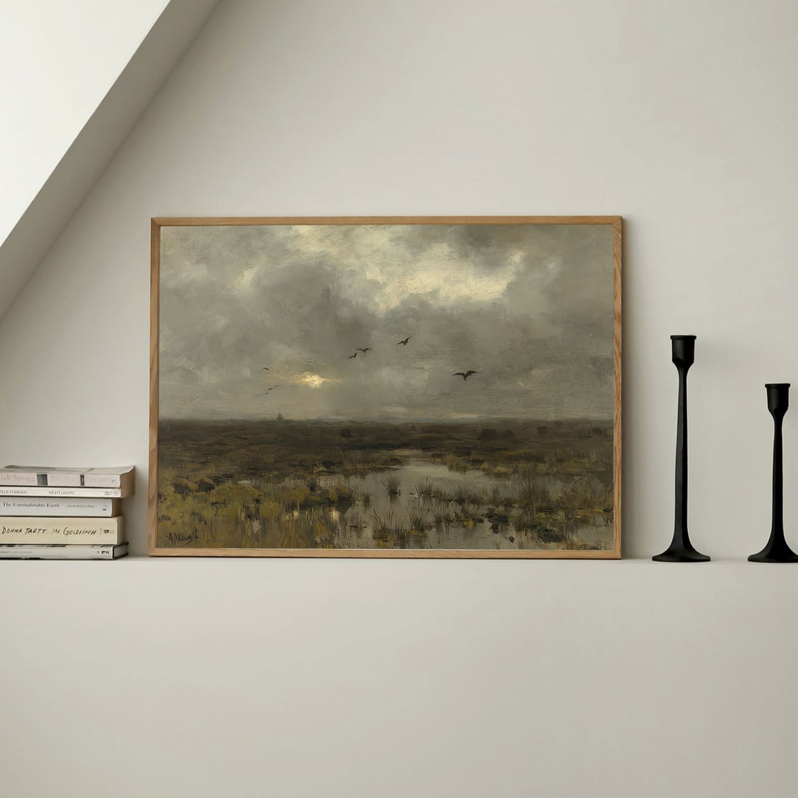 Moody Vintage Marsh Landscape Oil Painting Birds Cloudy Sky Poster - Image 3