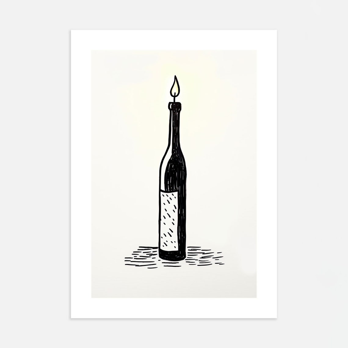 Burning Candle Wine Bottle Black Minimal Line Drawing Poster - Image 2