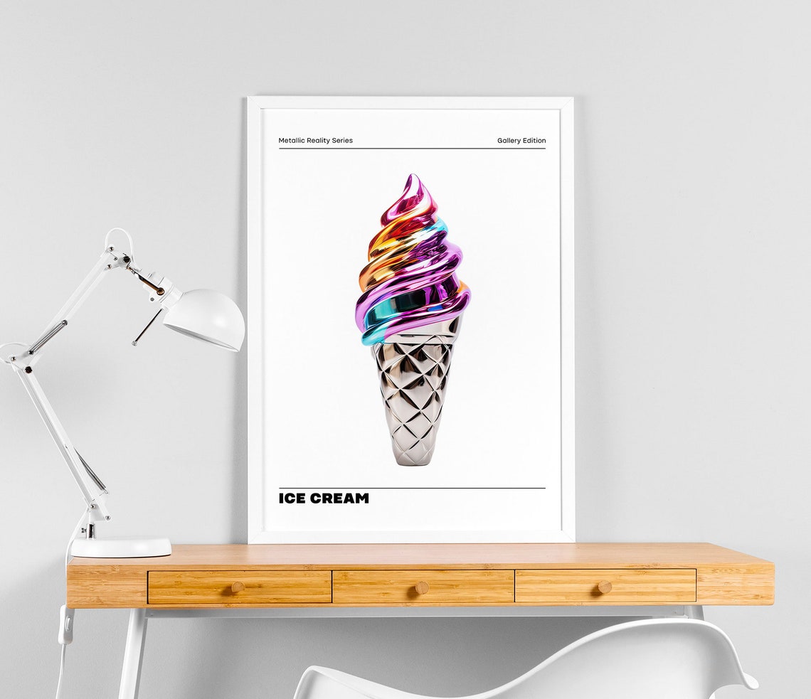 Holographic Metallic Ice Cream Cone Sculpture Pop Art Poster - Image 2