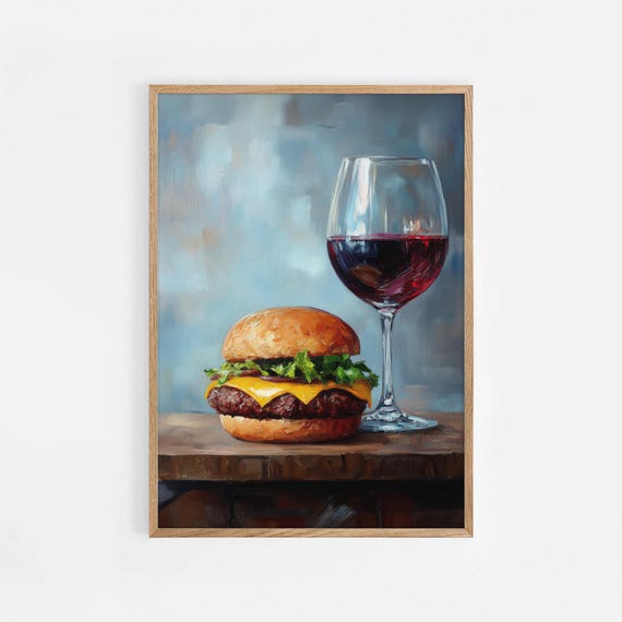 Red Wine And Cheeseburger Print Cute Quirky Whimsical Cocktail Art Bar Cart Decor Elegant Oil Painting Gift Trendy Kitchen Wall 809