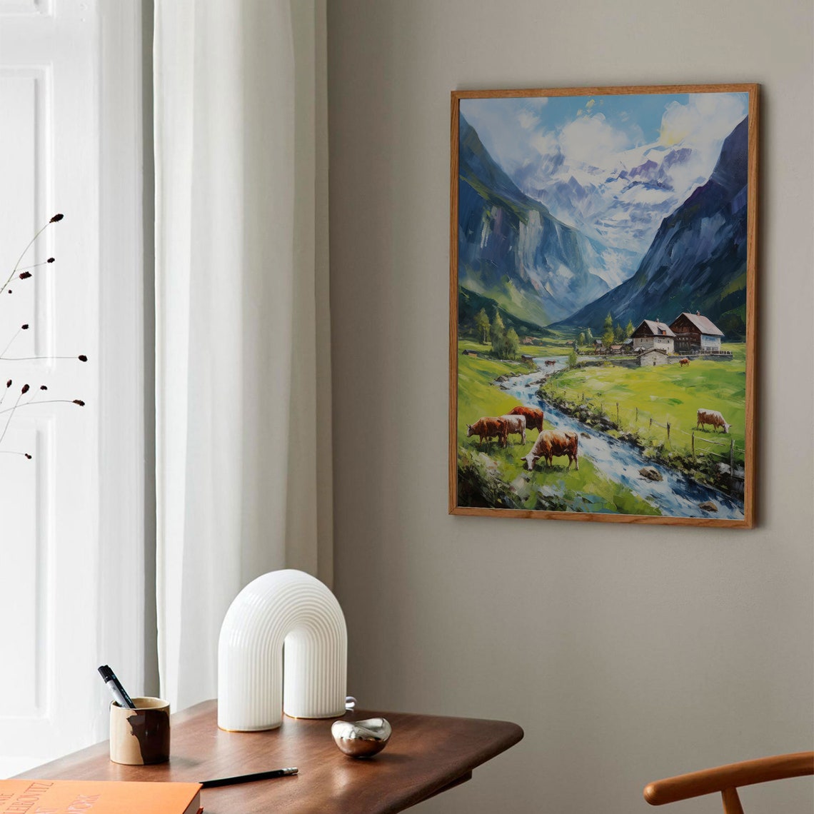 Swiss Alps Valley Cows Chalet Stream Mountain Landscape Poster - Image 2