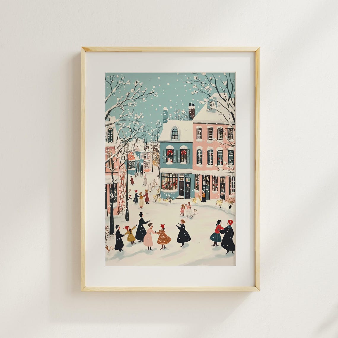 Whimsical Pastel Christmas Village Snow Dancing Scene Poster - Image 3