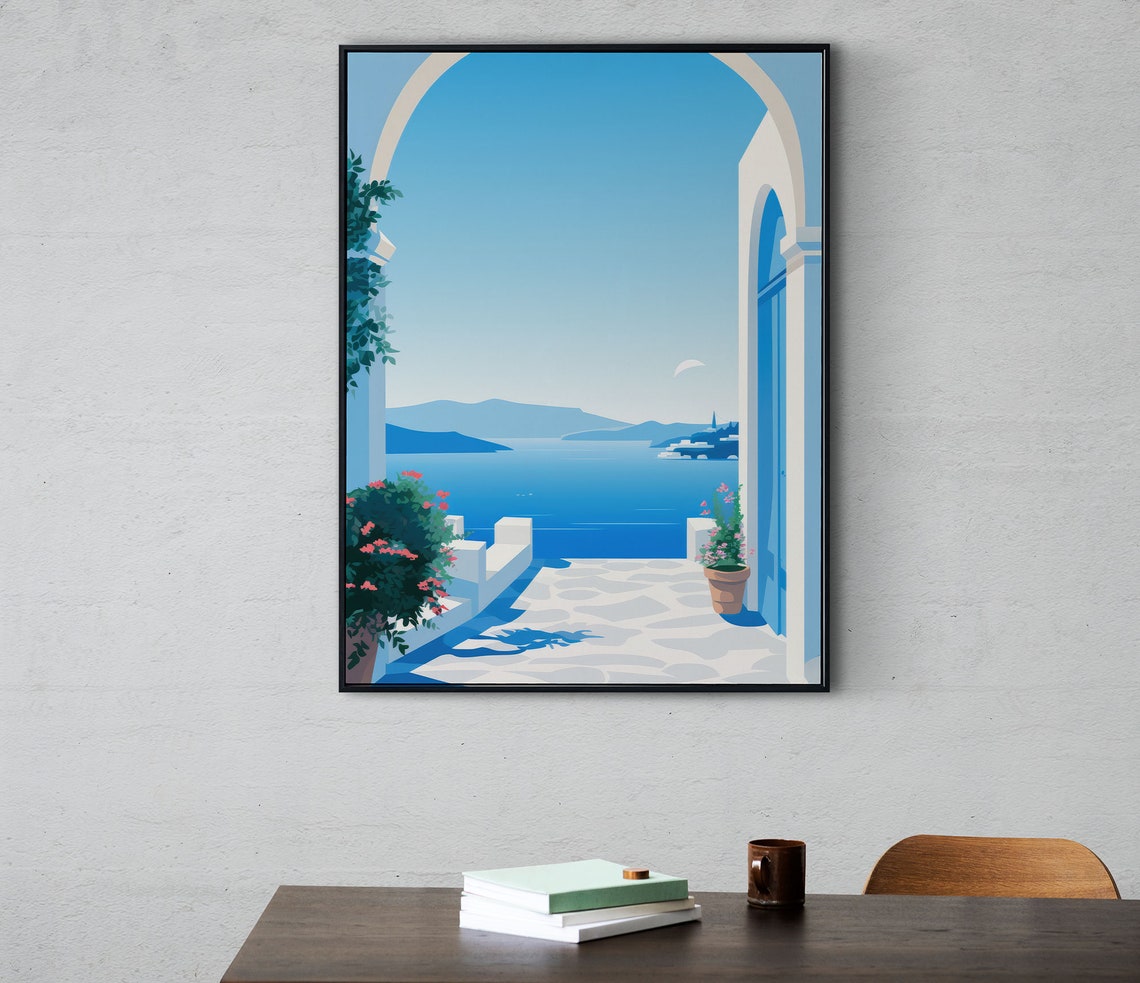 Santorini Greece Archway Aegean Sea View Blue Travel Art Poster - Image 2