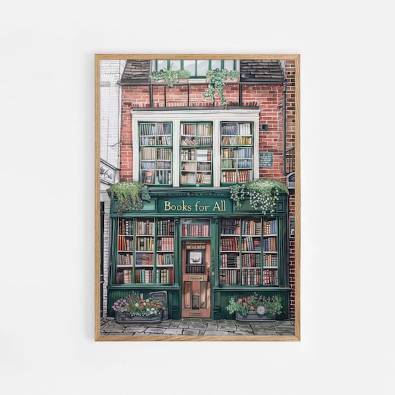 Books For All Bookshop Facade Illustration Cozy Bookstore Poster