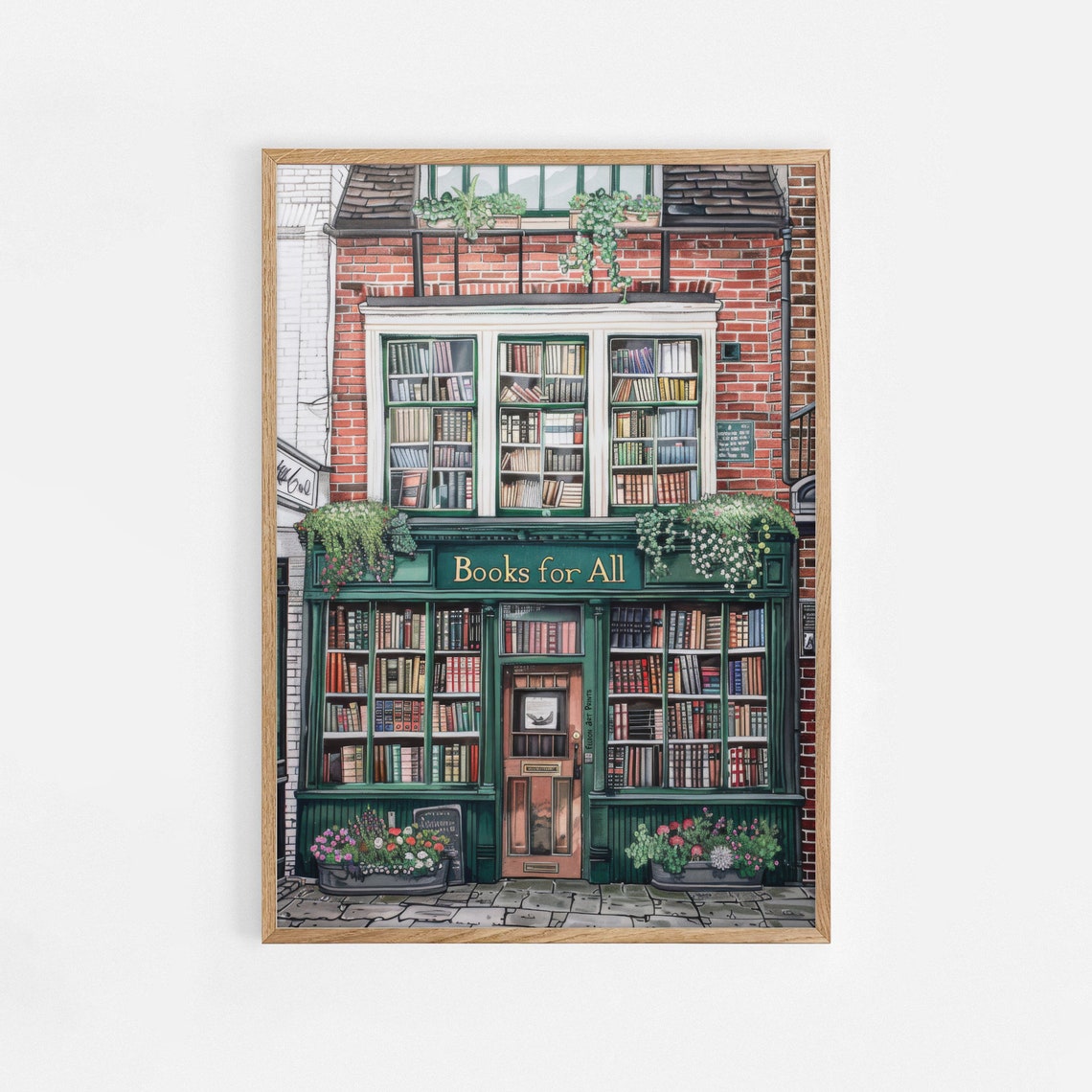 Books For All Bookshop Facade Illustration Cozy Bookstore Poster