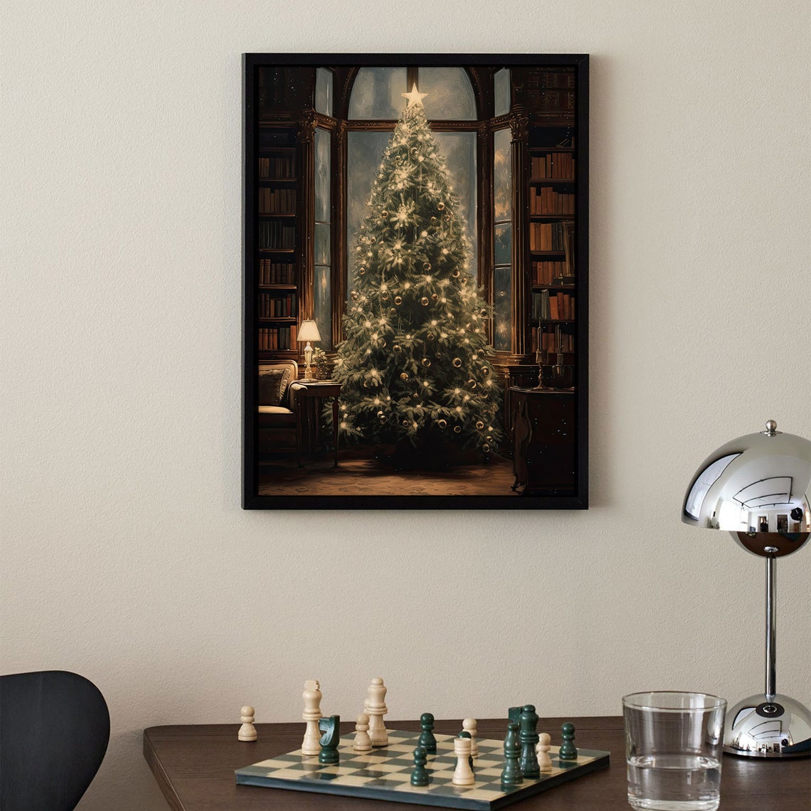 Christmas Tree Library Vintage Style Glowing Ornaments Holiday Poster - Image 2