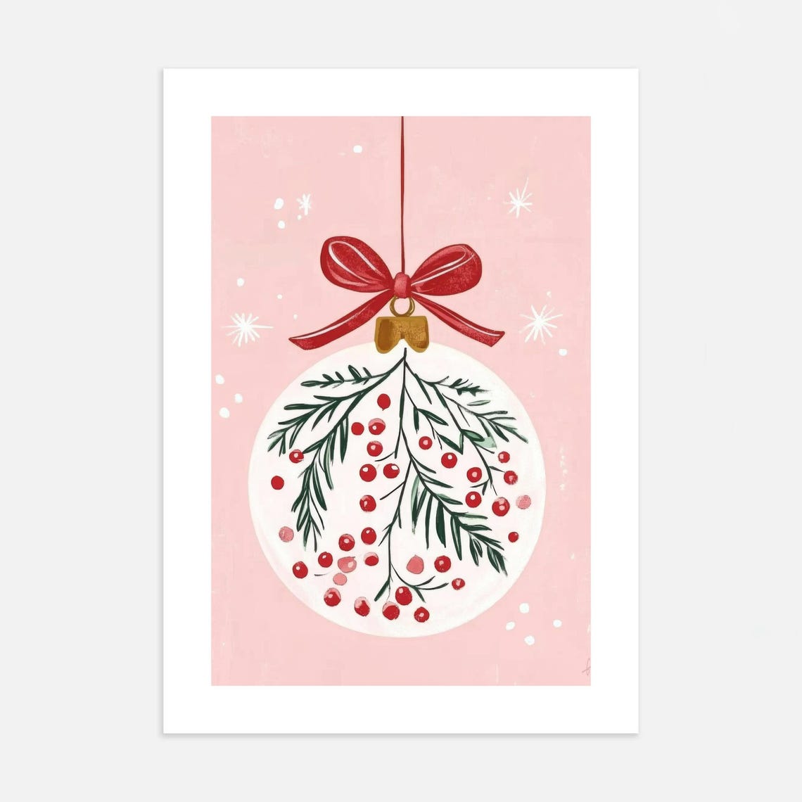 Pink Christmas Bauble With Red Bow Winter Berry Ornament Art Poster - Image 2