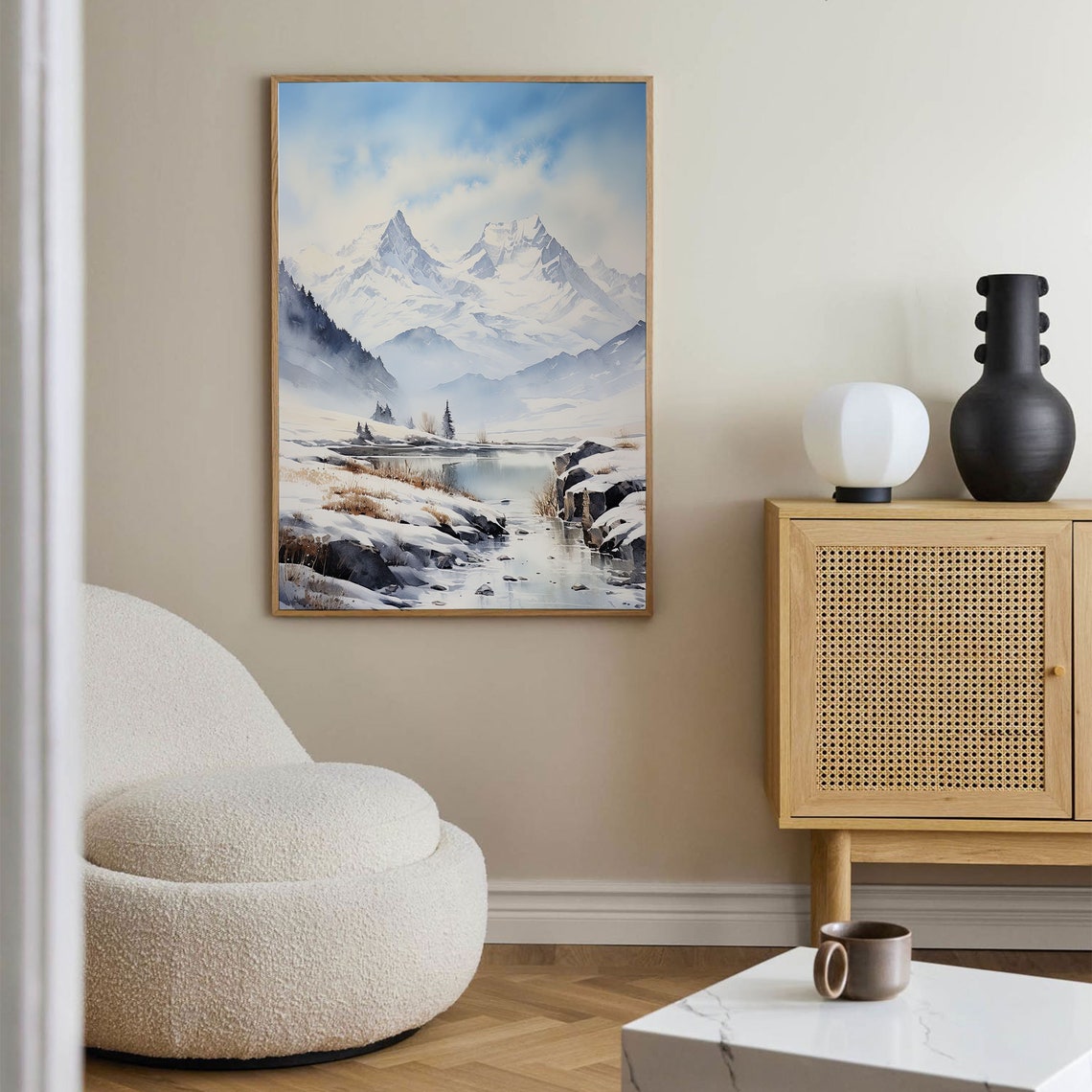 Winter Snow Mountain Stream Watercolor Serene Snowy Landscape Poster - Image 2