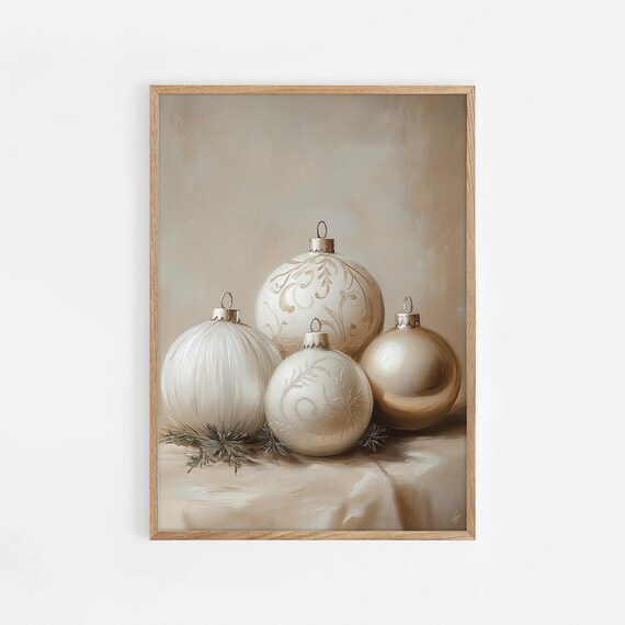 Cream Christmas Baubles Still Life Oil Painting Holiday Poster