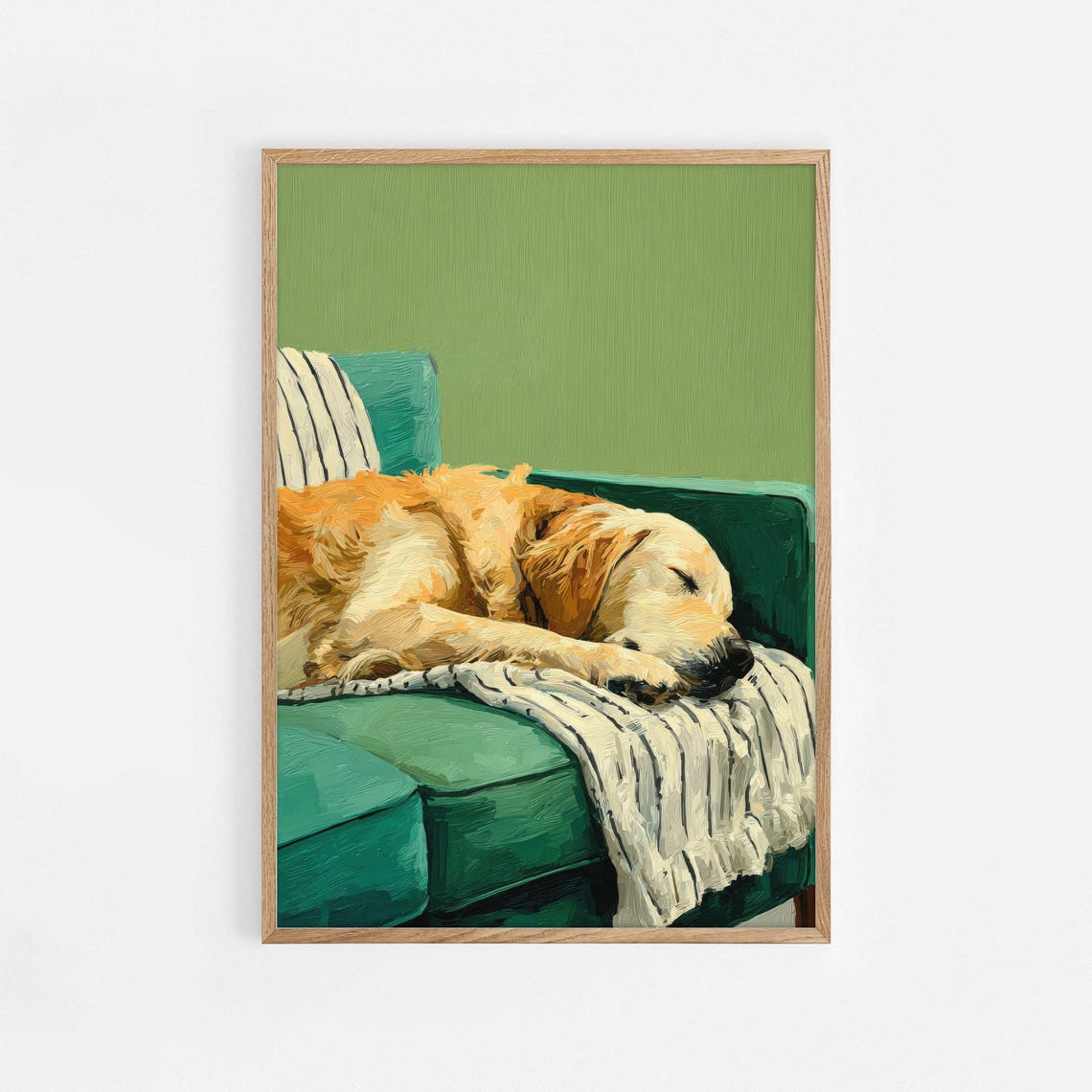 Golden Retriever Couch Art Print Cozy Dog Wall Sleeping Pet Poster Green Sofa Home Decor For Lovers 1106