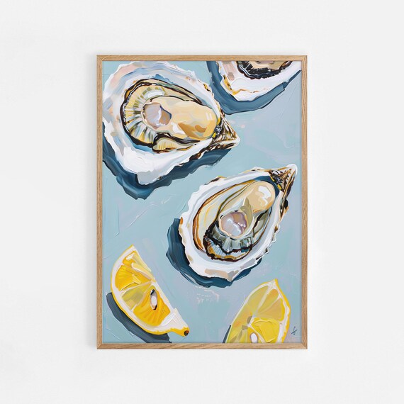 Oysters On Ice With Lemon Wedges Coastal Seafood Painting Poster