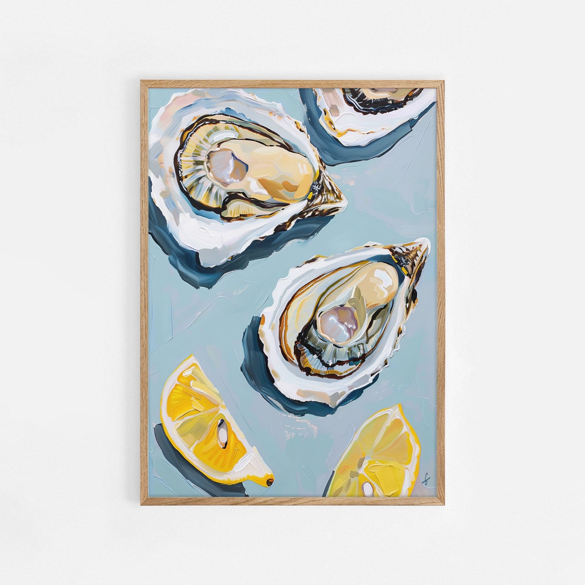 Oysters On Ice With Lemon Wedges Coastal Seafood Painting Poster