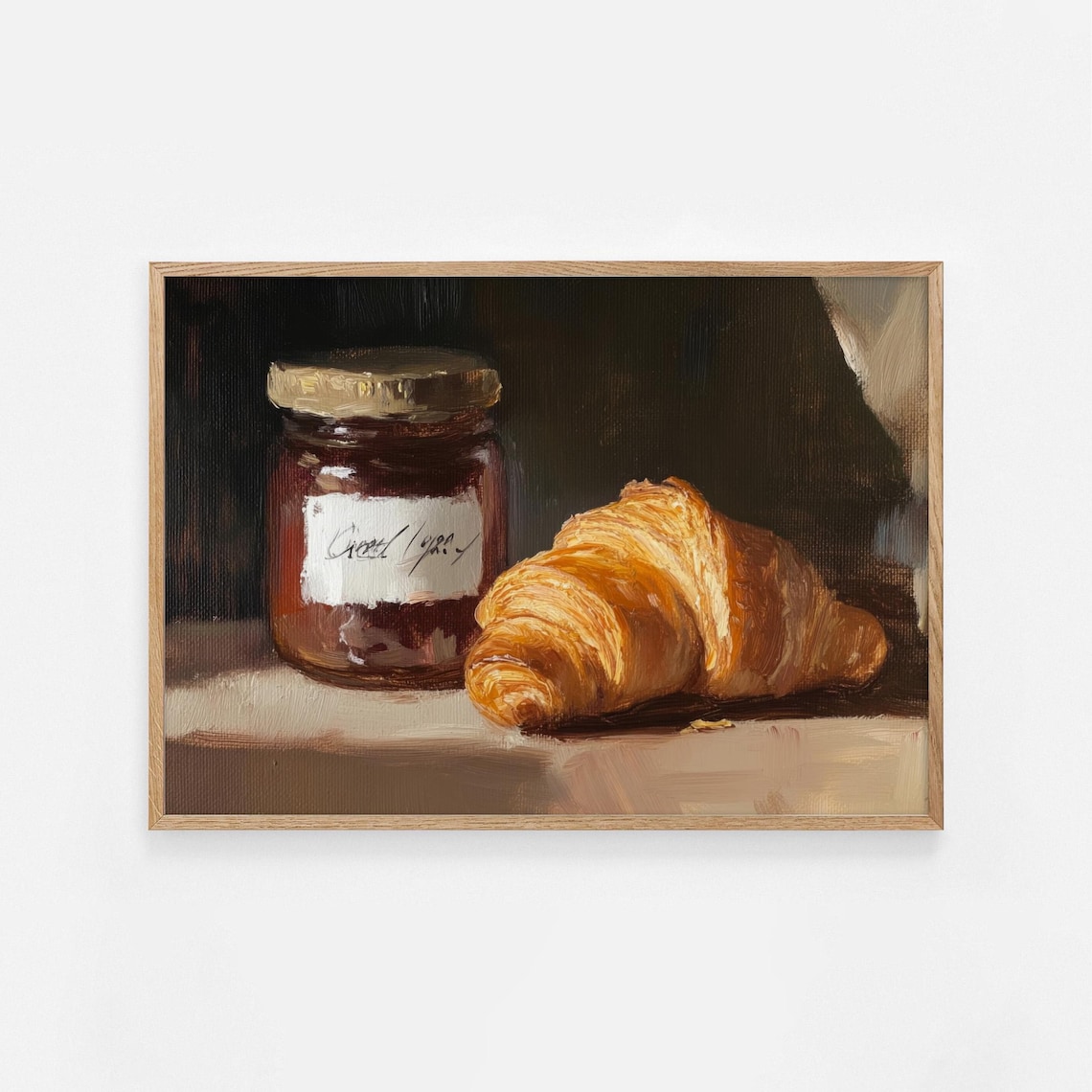 Croissant and Jam Jar Dark Oil Still Life French Bakery Breakfast Print