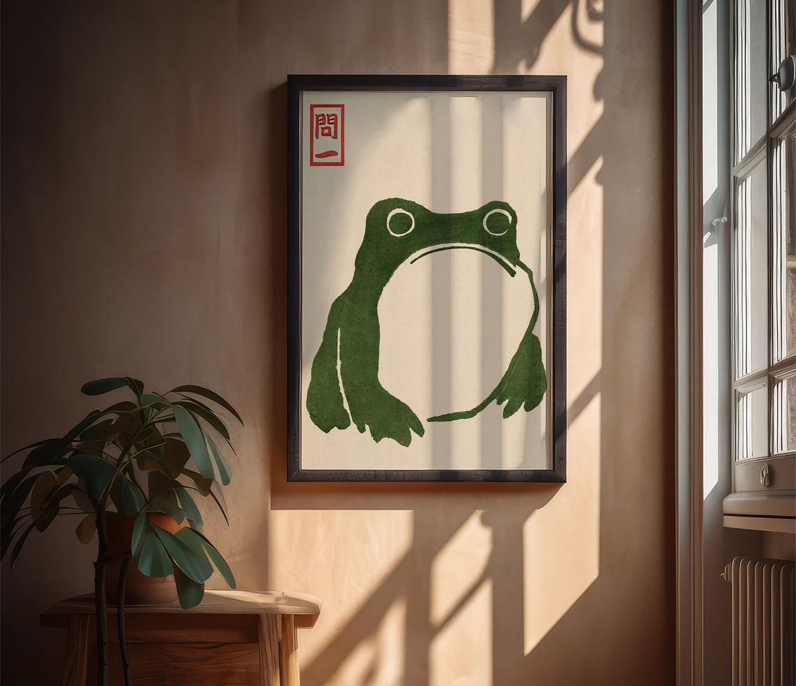 Japanese Vintage Frog Woodblock Art Green Ink Red Seal Poster - Image 4