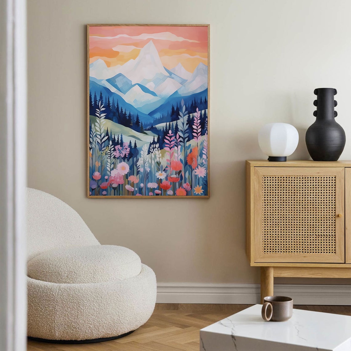Snowy Mountain Sunset Wildflower Meadow Colorful Landscape Poster - Image 3