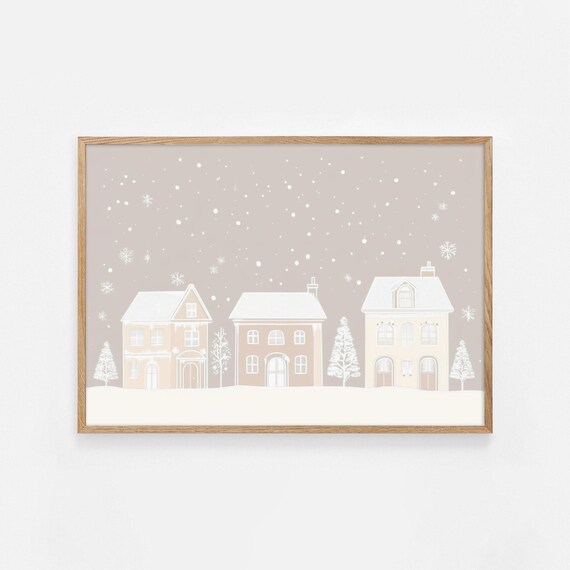 Minimalist Pastel Winter Village Houses Falling Snow Holiday Poster