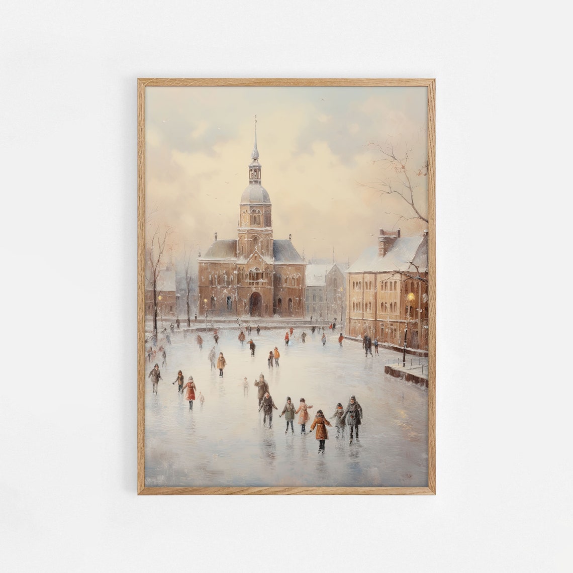 Winter Town Square Ice Skating Vintage Church Tower Scene Poster