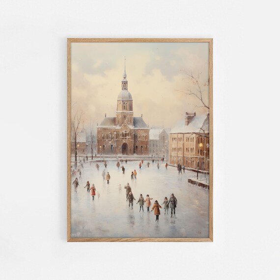 Winter Town Square Ice Skating Vintage Church Tower Scene Poster