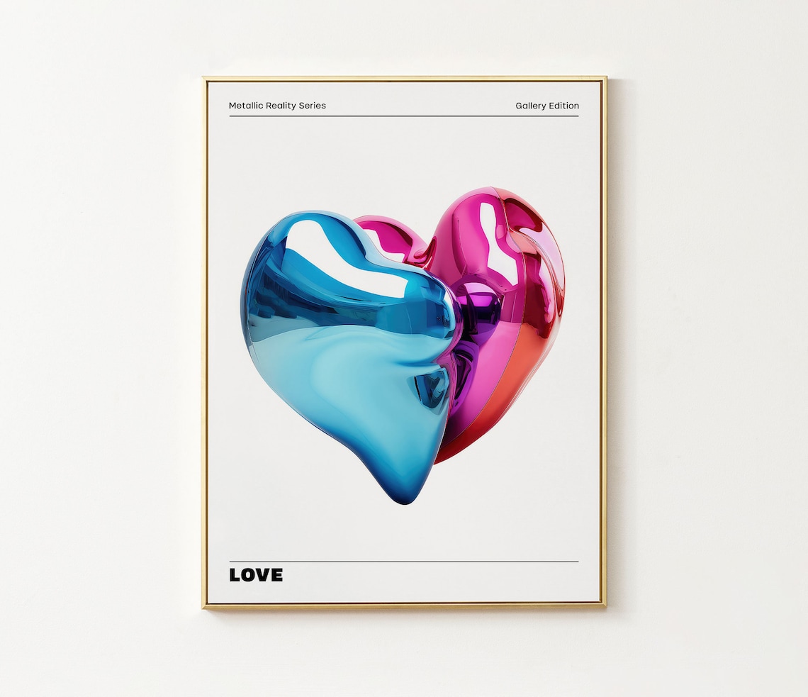 Metallic Blue Pink Chrome Heart Love Sculpture Pop Art Poster