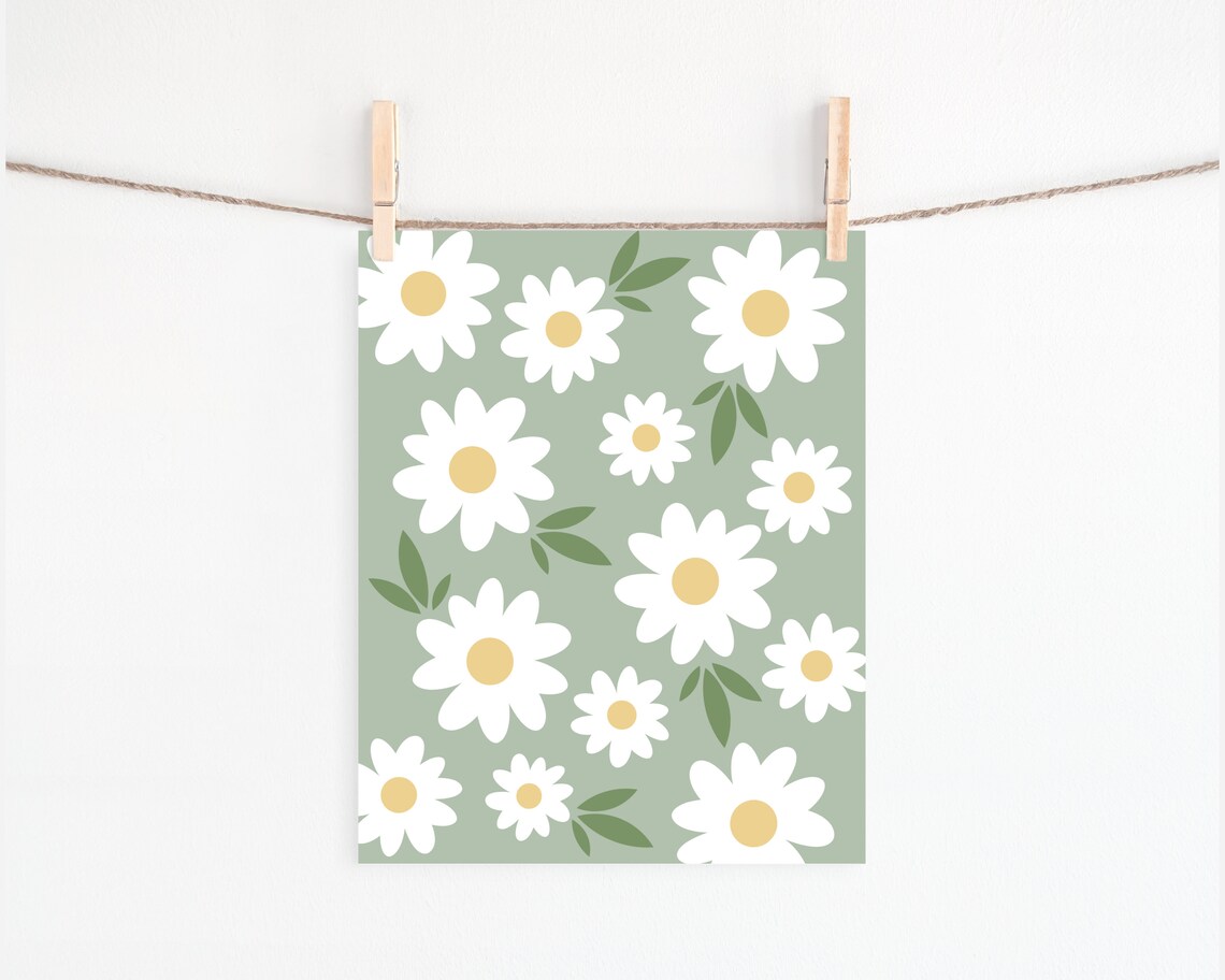 Daisies Sage Green Floral Art Print, Boho Decor - Image 2