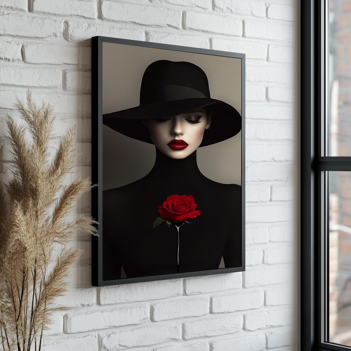 Woman Painting Woman In Black Dress Holding Red Rose Portrait Modern Fashion Wall Art Mysterious Lady With Rose Print