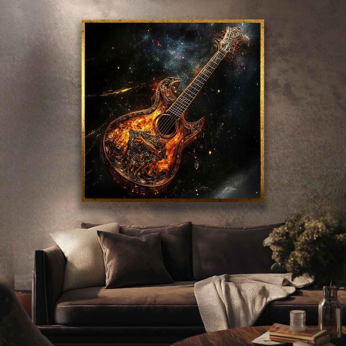 Golden Flaming Acoustic Guitar Against Cosmic Starry Sky Poster - Image 2