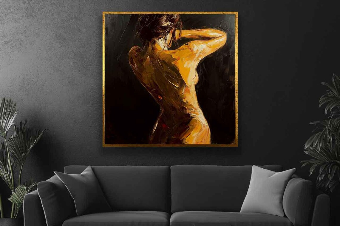 Golden Nude Woman Back Figure Dark Background Oil Painting Poster - Image 2
