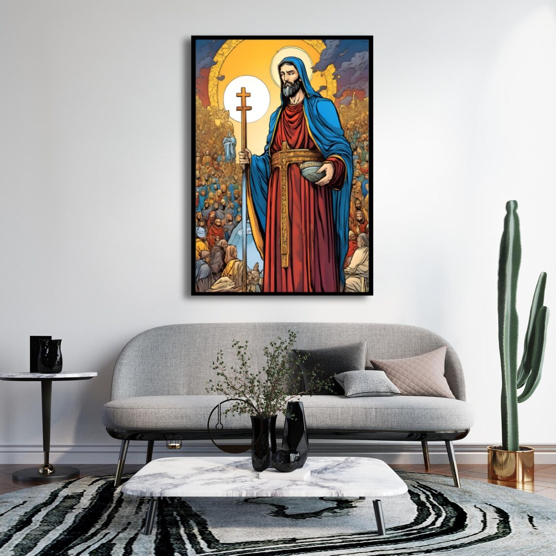 Saint Figure With Cross Staff Moonlit Crowd Religious Poster - Image 5