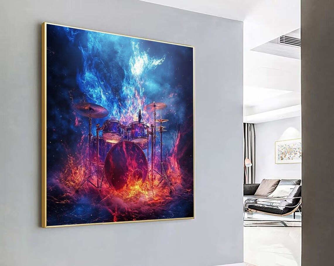 Drum Kit Engulfed in Swirling Flames Cosmic Fire Scene Poster - Image 5