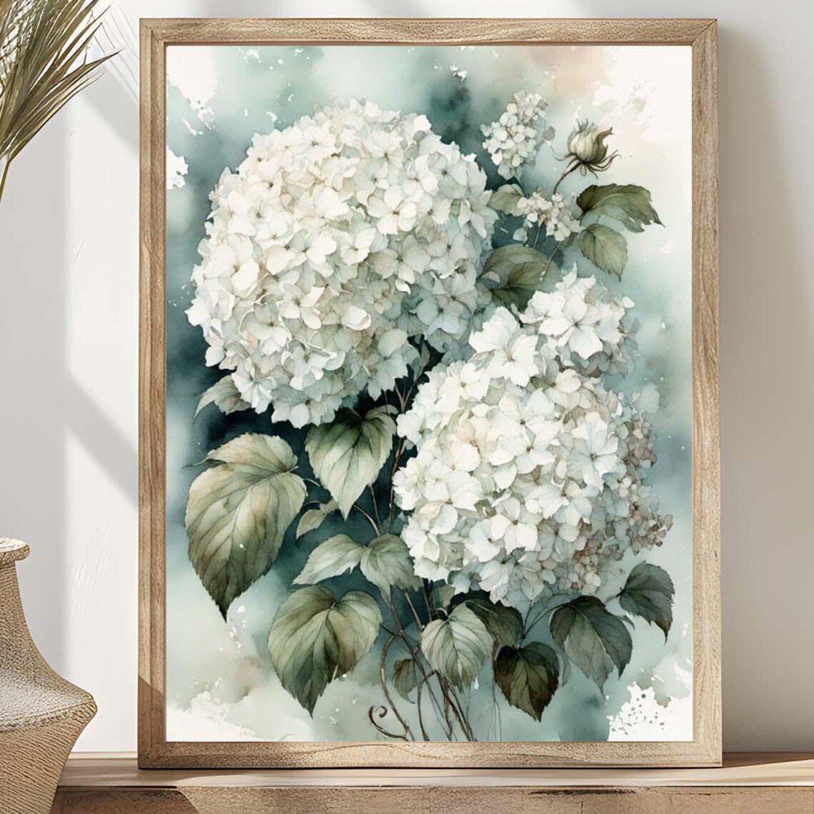 White Hydrangea Floral Watercolor Painting Flowers Neutral Botanical Wall Art Print