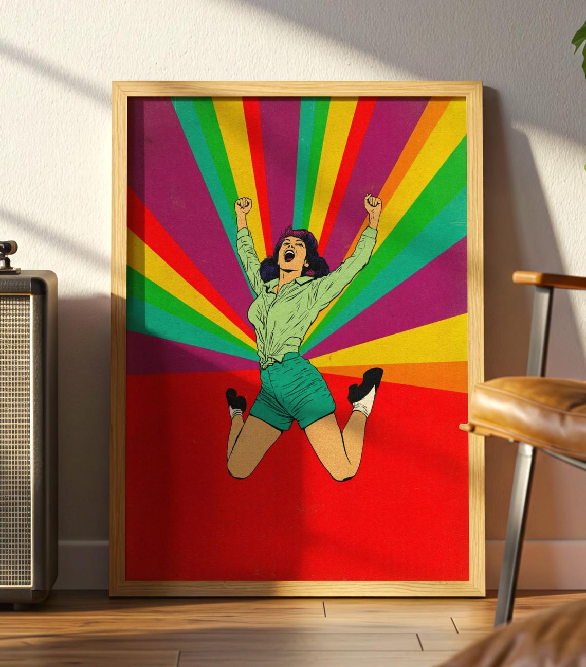 Retro Jumping Woman Colorful Rainbow Midcentury Comic Pop Art Poster