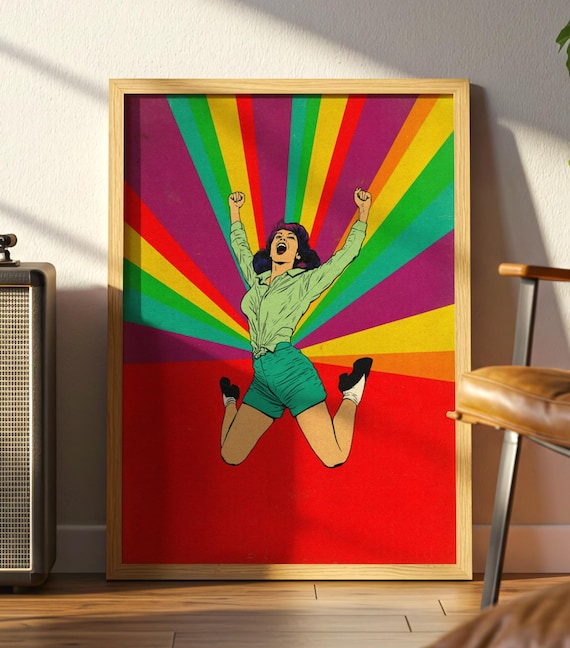 Retro Jumping Woman Colorful Rainbow Midcentury Comic Pop Art Poster