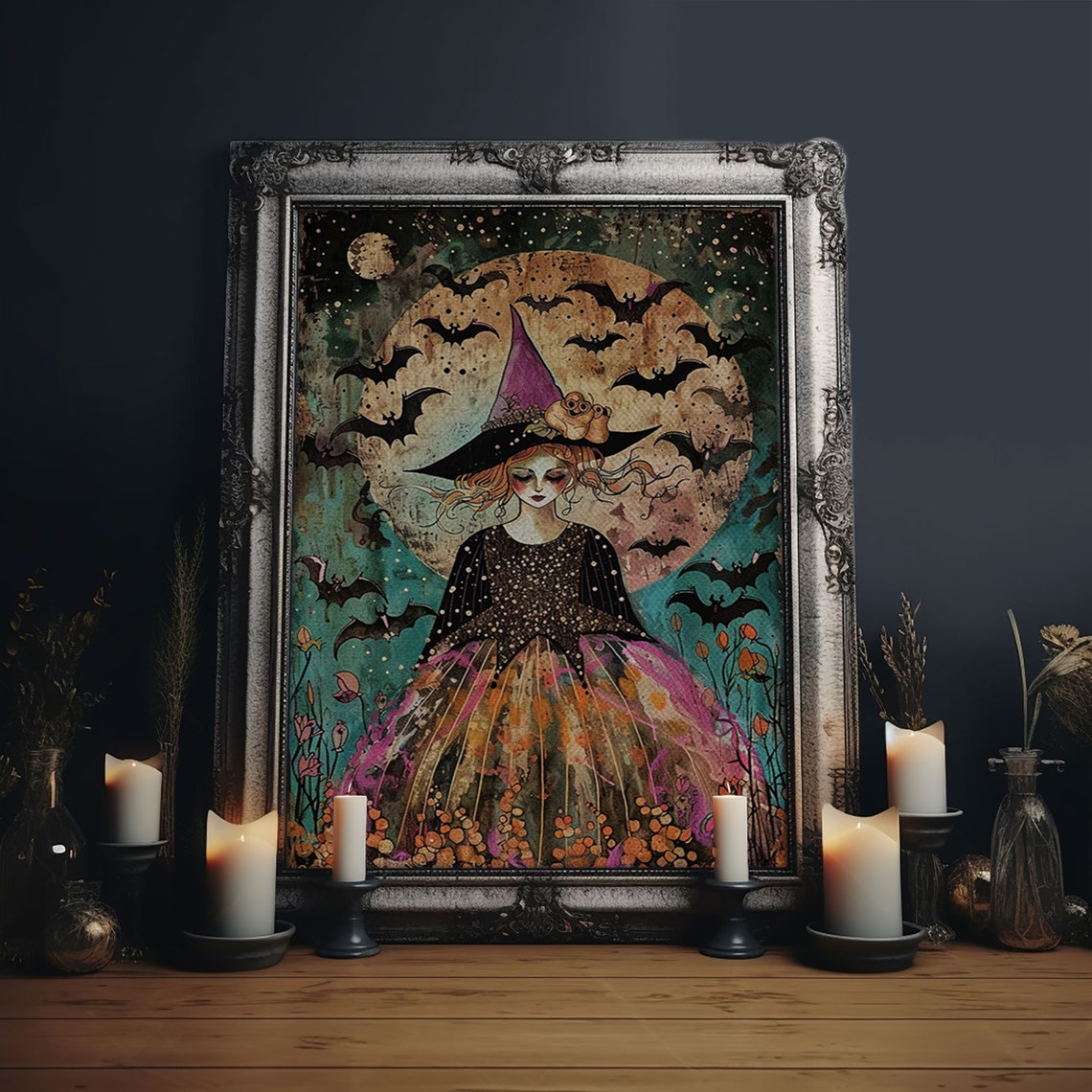 Whimsical Witch With Bats Under Full Moon Cute Pink Dress Art Poster