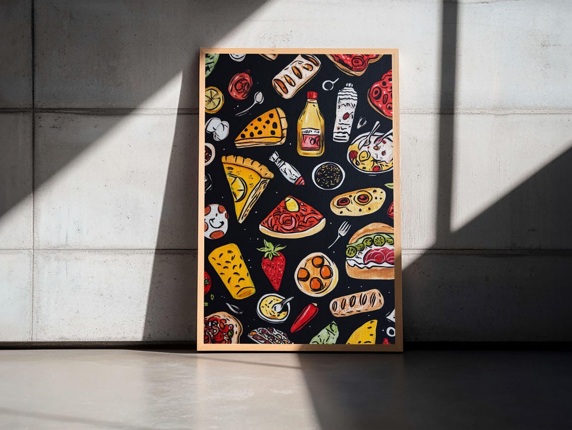 Fun Food Doodle Pattern Pizza Burger Tacos Black Kitchen Poster - Image 2