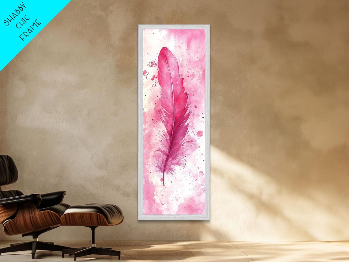Pink Feather Watercolor Painting Soft Magenta Plume Vertical Wall Art - Image 2