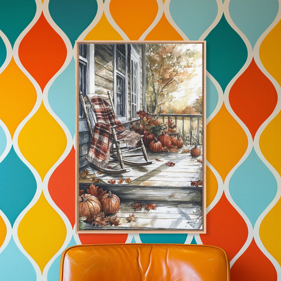 Fall Rocking Chair Porch Pumpkins Plaid Blanket Watercolor Wall Art - Image 4