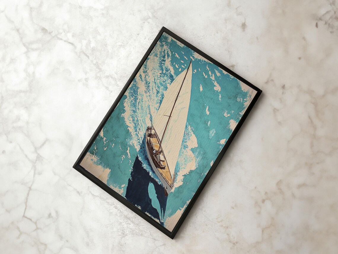 Sailboat Aerial View Turquoise Ocean Watercolor Nautical Art Print - Image 2