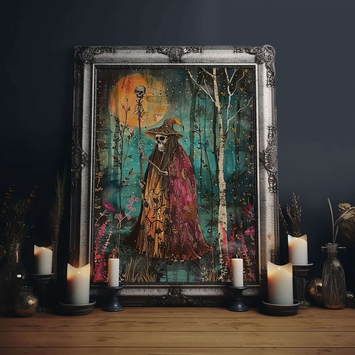 Skeleton Witch Skull Staff Full Moon Birch Forest Art Poster