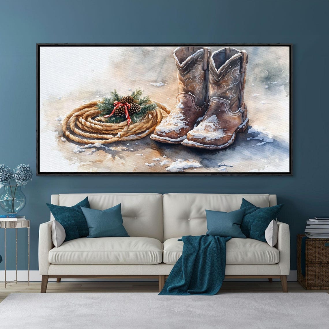 Rustic Cowboy Boots Snow Rope Pinecones Red Ribbon Christmas Poster - Image 2