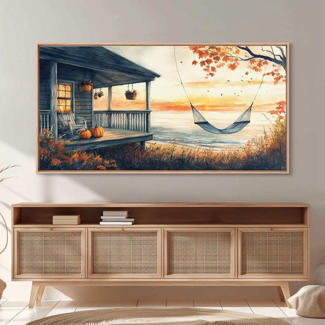 Autumn Beach Porch Pumpkins Sunset Hammock Ocean View Rustic Wall Art - Image 3