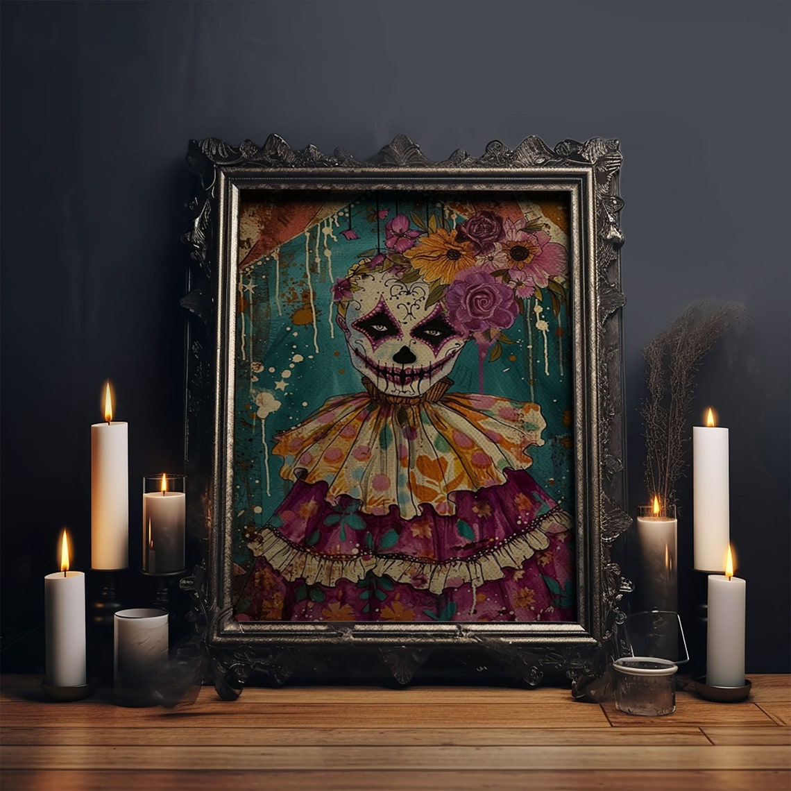 Day Of Dead Doll Floral Crown Sugar Skull Halloween Art Poster - Image 5