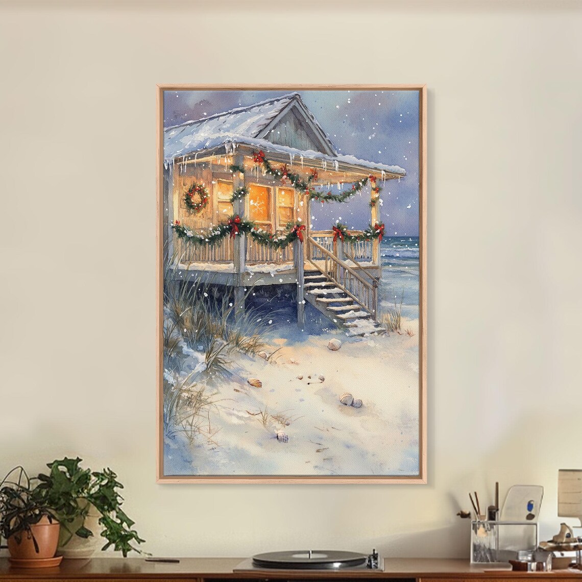 Snowy Beach Cottage Christmas Wreaths Ocean Glow Scene Poster - Image 5