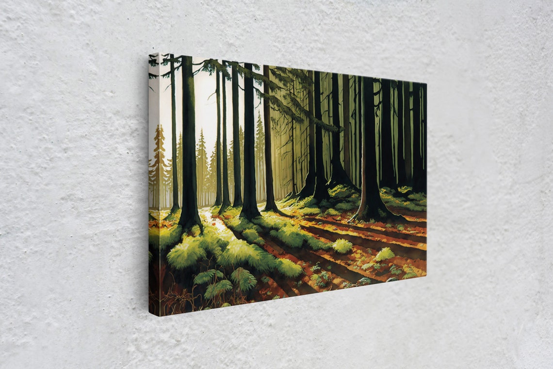 Sunlit Forest Path Golden Light Mossy Woods Green Trees Art Poster - Image 4